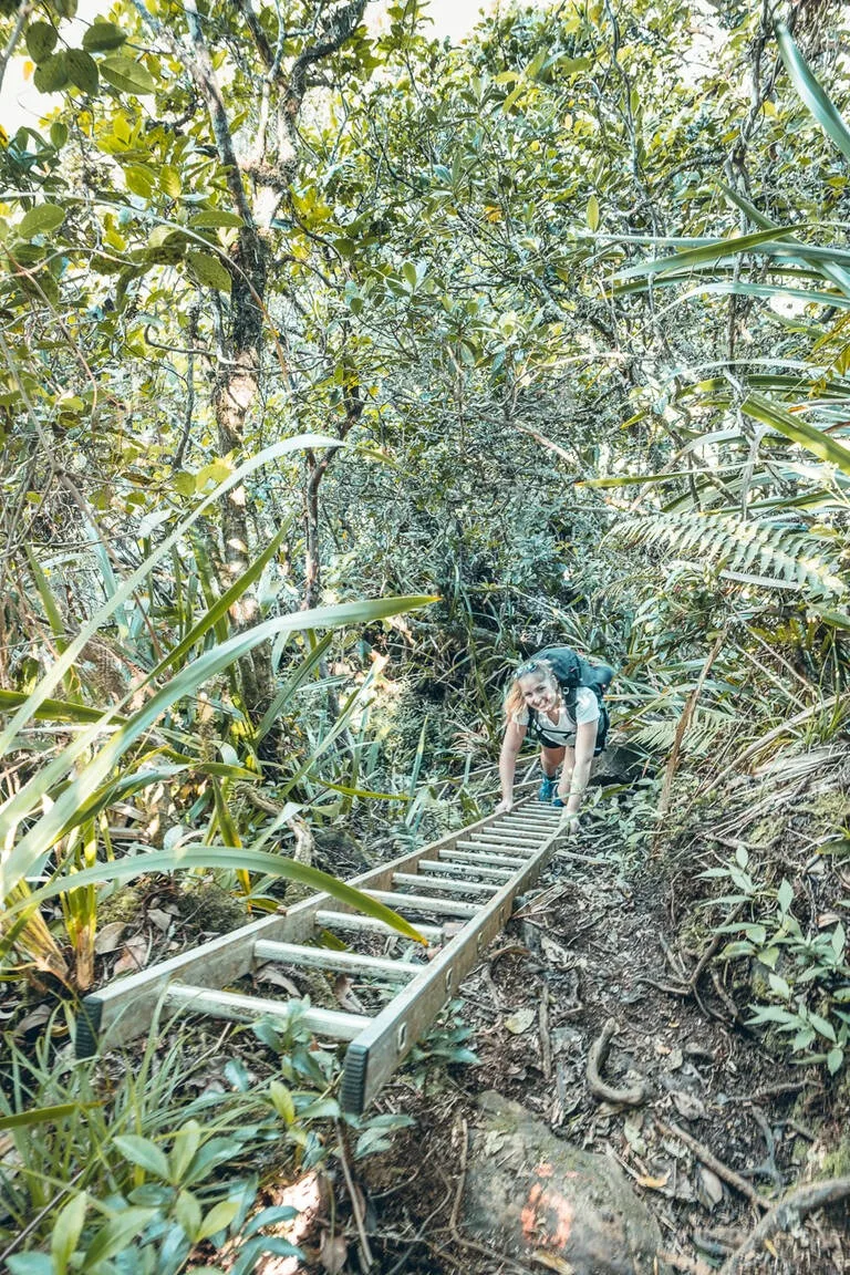 une femme qui monte les échelles de Takamaka sur l'île de la Réunion