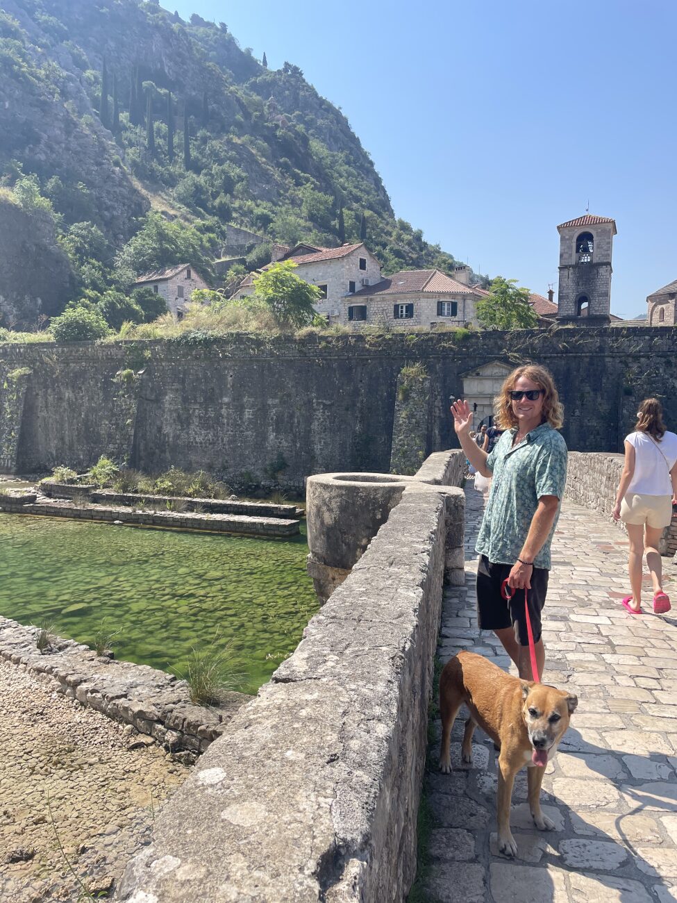un homme et son chien devant les remparts de la ville de Kotor au Monténégro