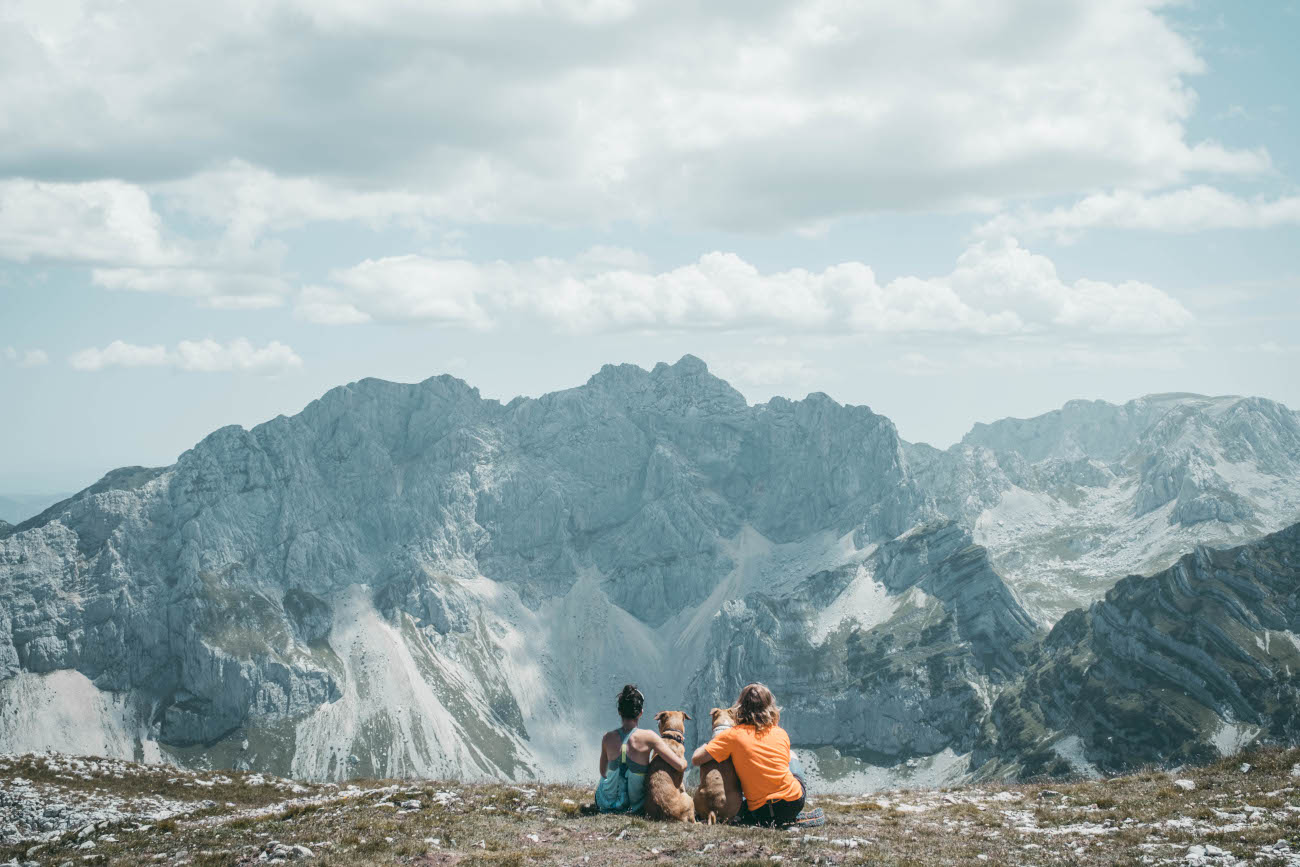 un couple avec deux chiens au sommet du mont Prutas dans le Durmitor au Monténégro
