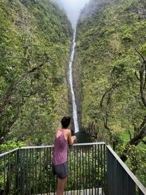 une femme au point de vue de la cascade Biberon sur l'île de la Réunion.
